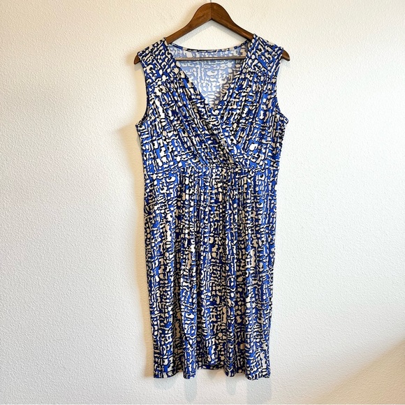 Charter Club Surplice Sleeveless Blue White Black Faux Wrap Dress Size Large - Picture 1 of 8